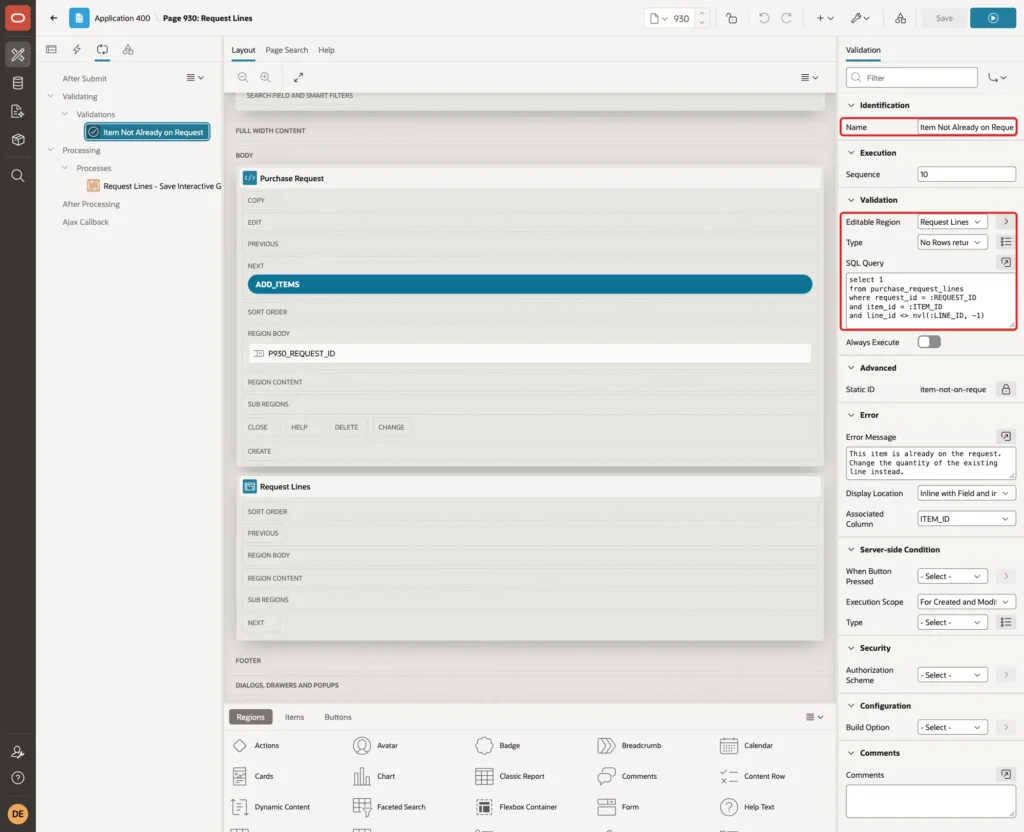 Validation Item Not Already on Request with Editable Region Request Lines, Type No Rows returned and the query marked with red boxes
