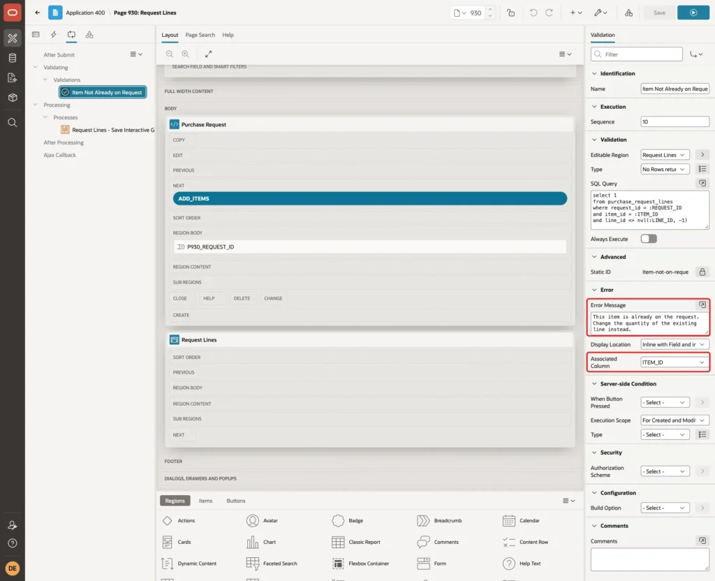 Error group with the error message and Associated Column ITEM_ID marked with red boxes