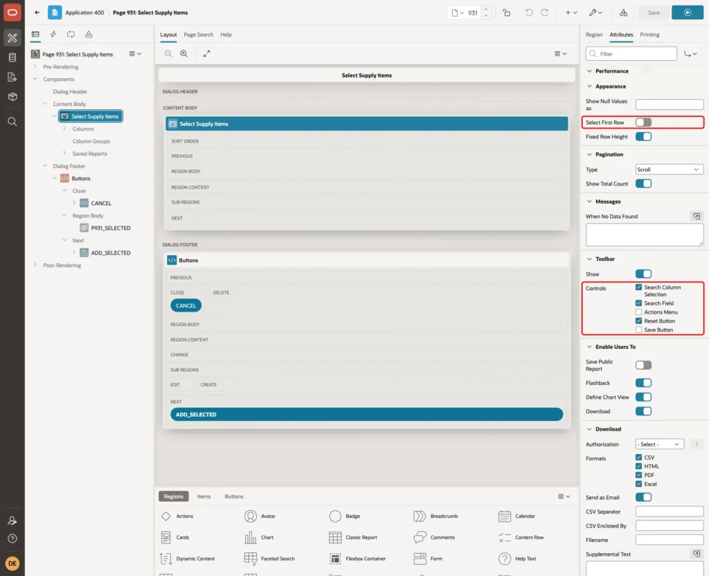 Attributes tab with Select First Row off and the toolbar Controls without Actions Menu and Save Button, marked with red boxes
