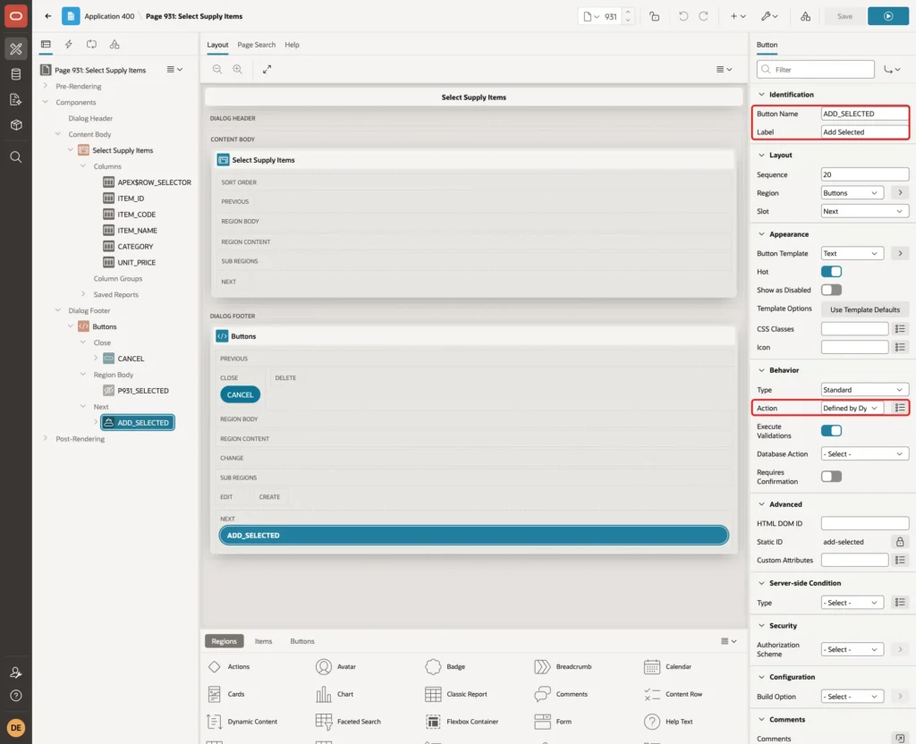 Button ADD_SELECTED with Label Add Selected and Action Defined by Dynamic Action marked with red boxes
