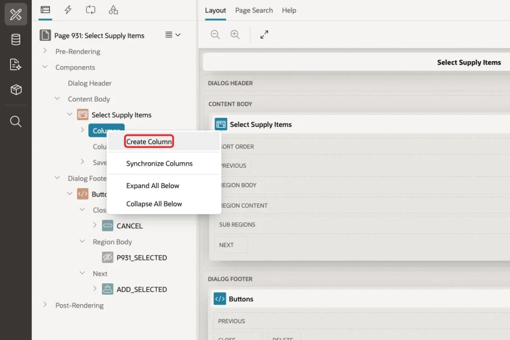 Context menu of Columns with Create Column marked with a red box