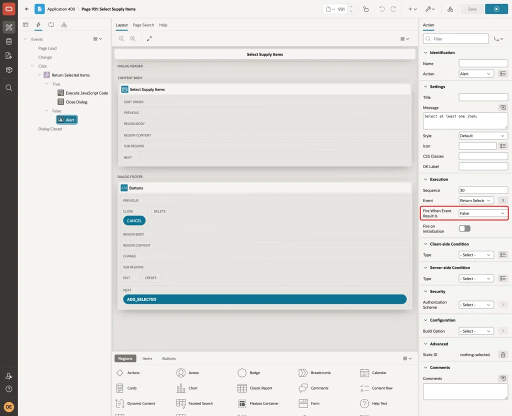 Execution group with Fire When Event Result Is False marked with a red box