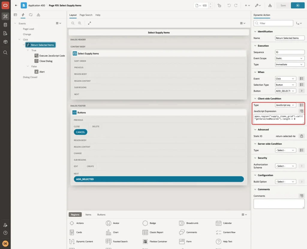 Client-side Condition with Type JavaScript expression and the expression marked with a red box