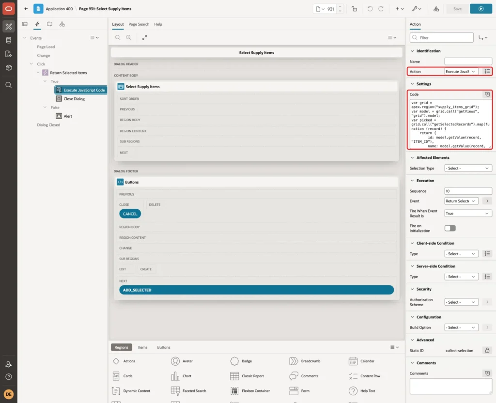 True action with Action Execute JavaScript Code and the code marked with red boxes