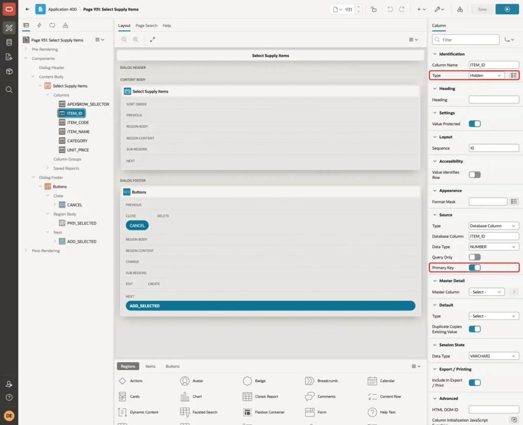 Column ITEM_ID with Type Hidden and Primary Key on, marked with red boxes