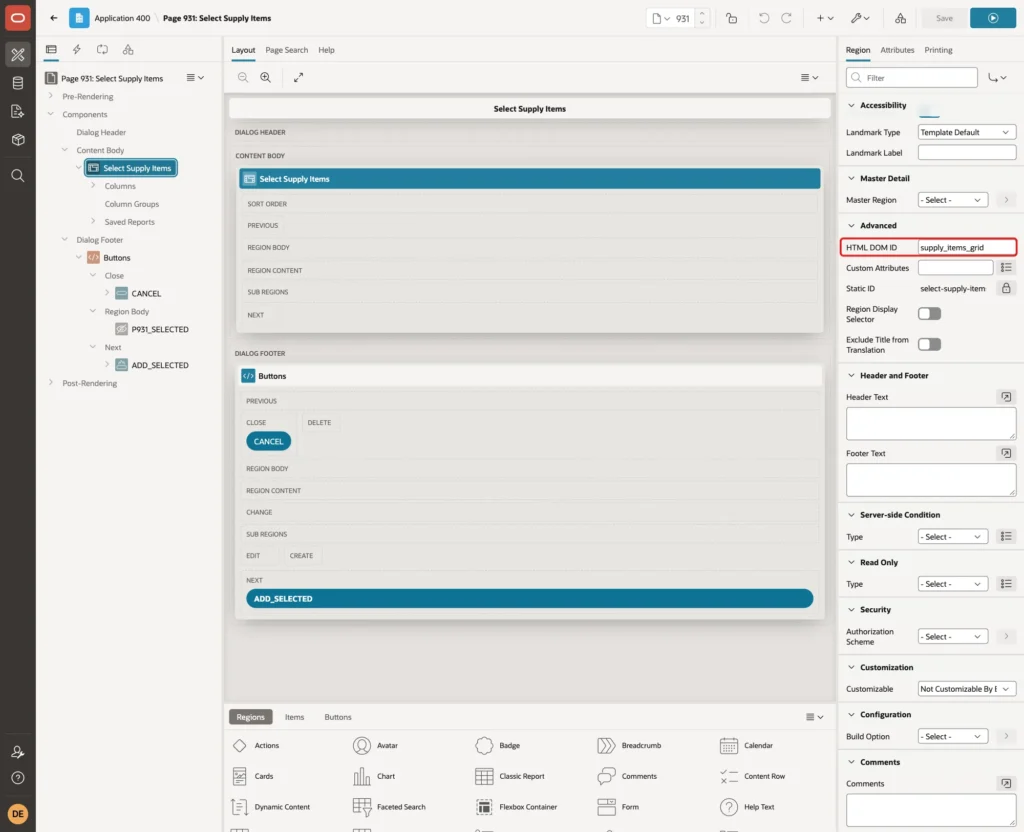 Advanced group of the Select Supply Items region with HTML DOM ID supply_items_grid marked with a red box