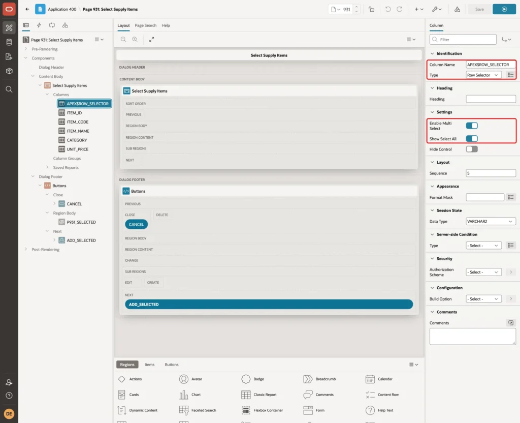 Column APEX$ROW_SELECTOR with Type Row Selector, Enable Multi Select and Show Select All on, marked with red boxes