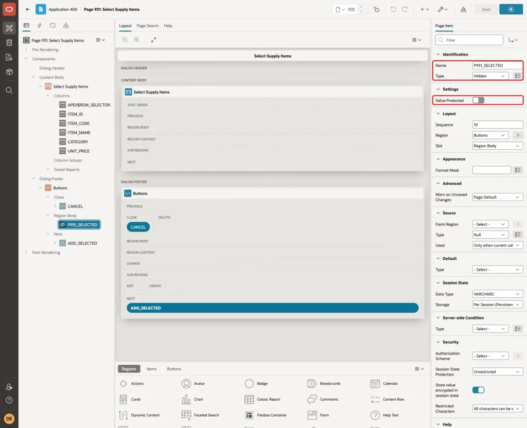 Page item P931_SELECTED with Type Hidden and Value Protected off, marked with red boxes