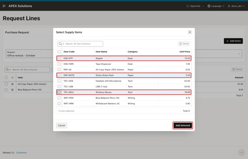 Select Supply Items popup with three ticked rows and the Add Selected button marked with red boxes
