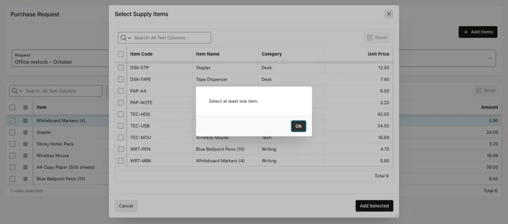 Popup with the alert Select at least one item.