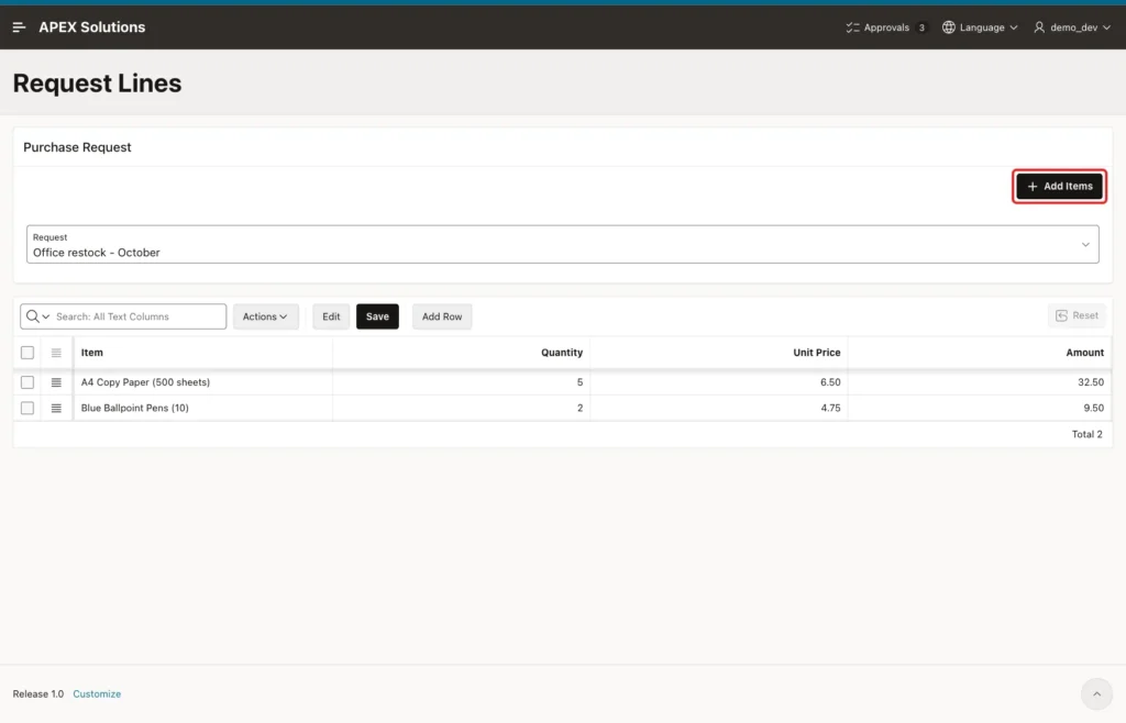 Request Lines page with two lines and the Add Items button marked with a red box