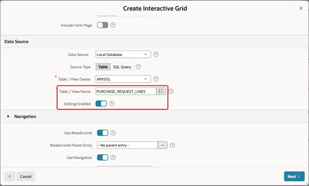 Data Source section with Table / View Name PURCHASE_REQUEST_LINES and Editing Enabled on, marked with a red box