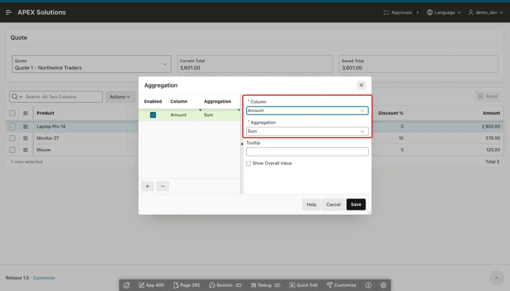 Aggregation dialog with Column Amount and Aggregation Sum marked with a red box