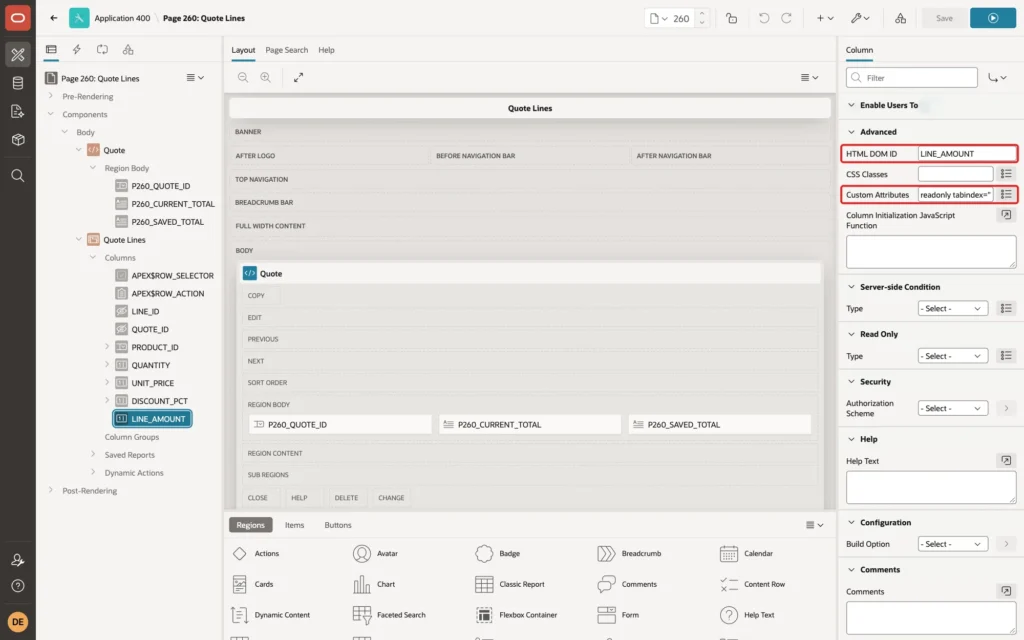 Page Designer showing the Advanced group of LINE_AMOUNT with HTML DOM ID LINE_AMOUNT and Custom Attributes readonly tabindex=-1 marked with red boxes