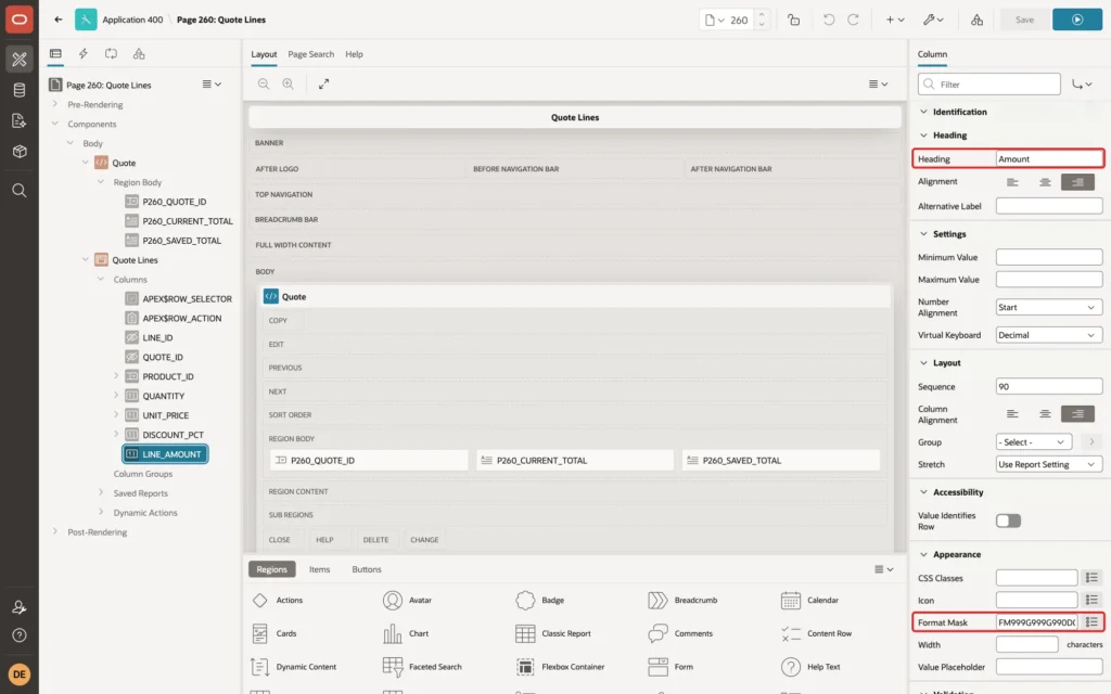 Page Designer showing LINE_AMOUNT with Heading Amount and Format Mask FM999G999G990D00 marked with red boxes