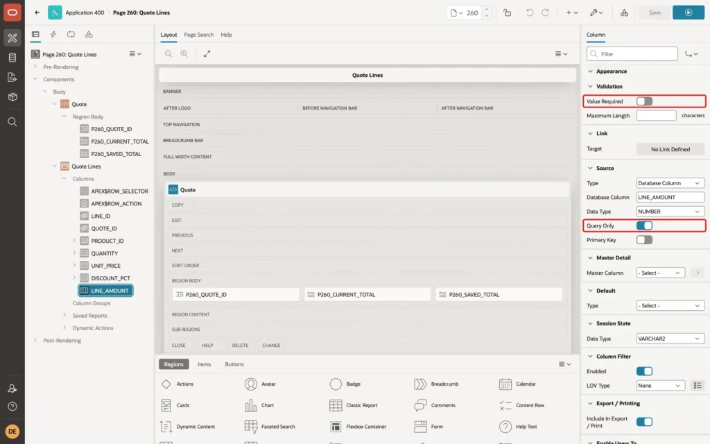 Page Designer showing LINE_AMOUNT with Value Required off and Query Only on marked with red boxes
