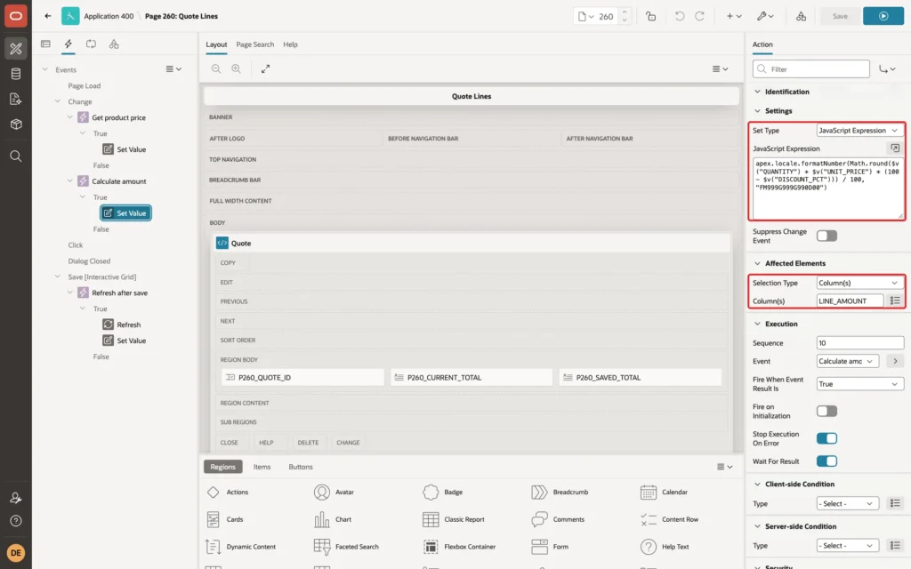 Page Designer showing the Set Value action with Set Type JavaScript Expression, the expression and Affected Elements Column(s) LINE_AMOUNT marked with red boxes