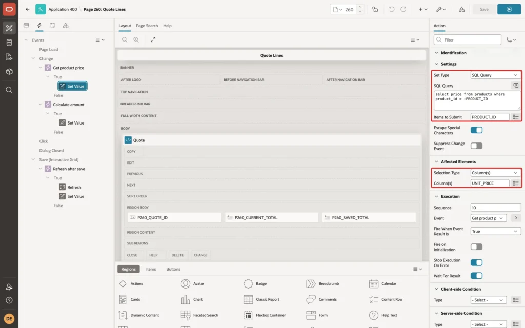 Page Designer showing the Set Value action with Set Type SQL Statement, the query, Items to Submit PRODUCT_ID and Affected Elements Column(s) UNIT_PRICE marked with red boxes