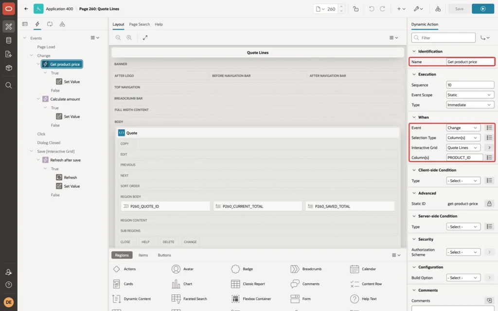 Page Designer showing the dynamic action Get product price with Event Change, Selection Type Column(s), Interactive Grid Quote Lines and Column(s) PRODUCT_ID marked with red boxes