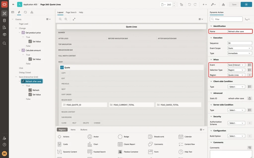 Page Designer showing the dynamic action Refresh after save with Event Save [Interactive Grid], Selection Type Region and Region Quote Lines marked with red boxes