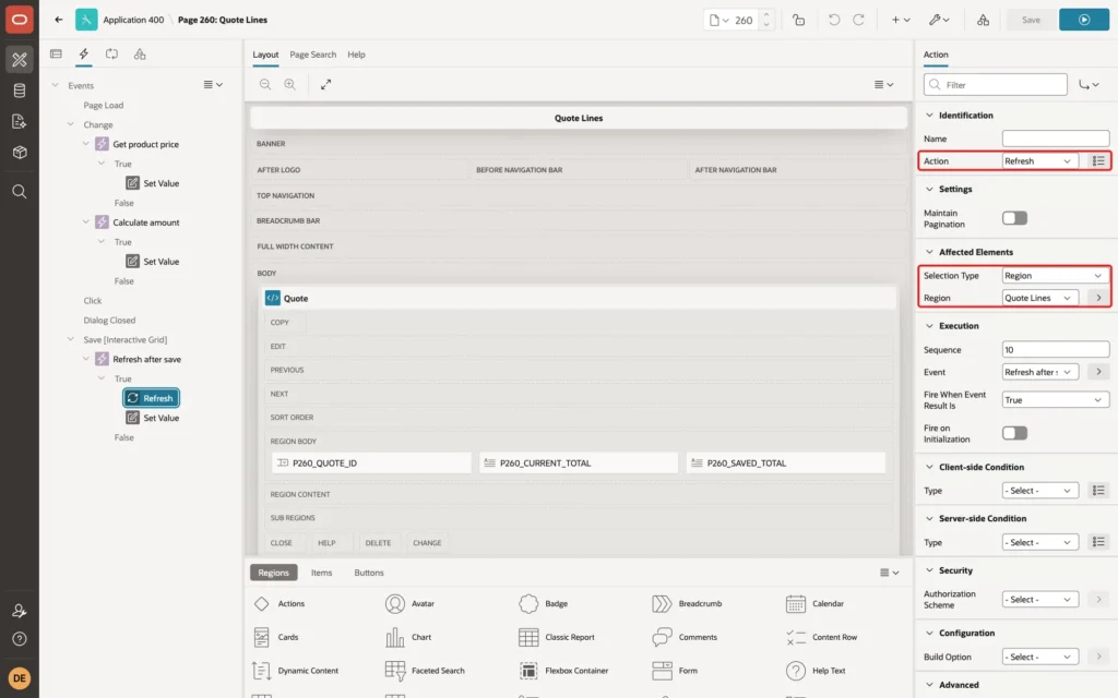 Page Designer showing the Refresh action with Affected Elements Selection Type Region and Region Quote Lines marked with red boxes
