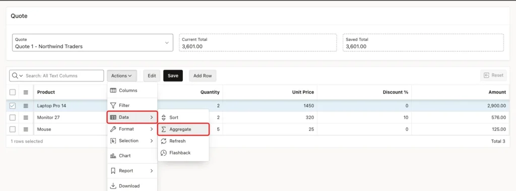 Quote Lines grid with the Actions menu open and Data, Aggregate marked with red boxes
