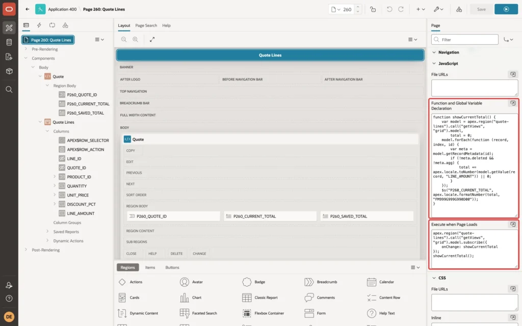 Page Designer showing the page JavaScript group with Function and Global Variable Declaration and Execute when Page Loads filled, marked with red boxes