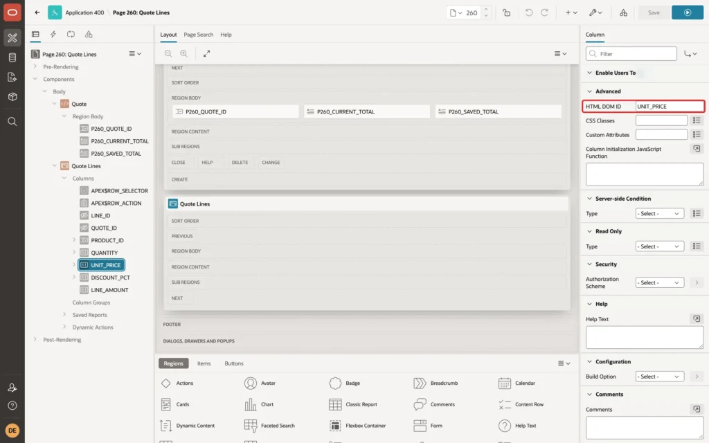 Page Designer showing the Advanced group of UNIT_PRICE with HTML DOM ID UNIT_PRICE marked with a red box