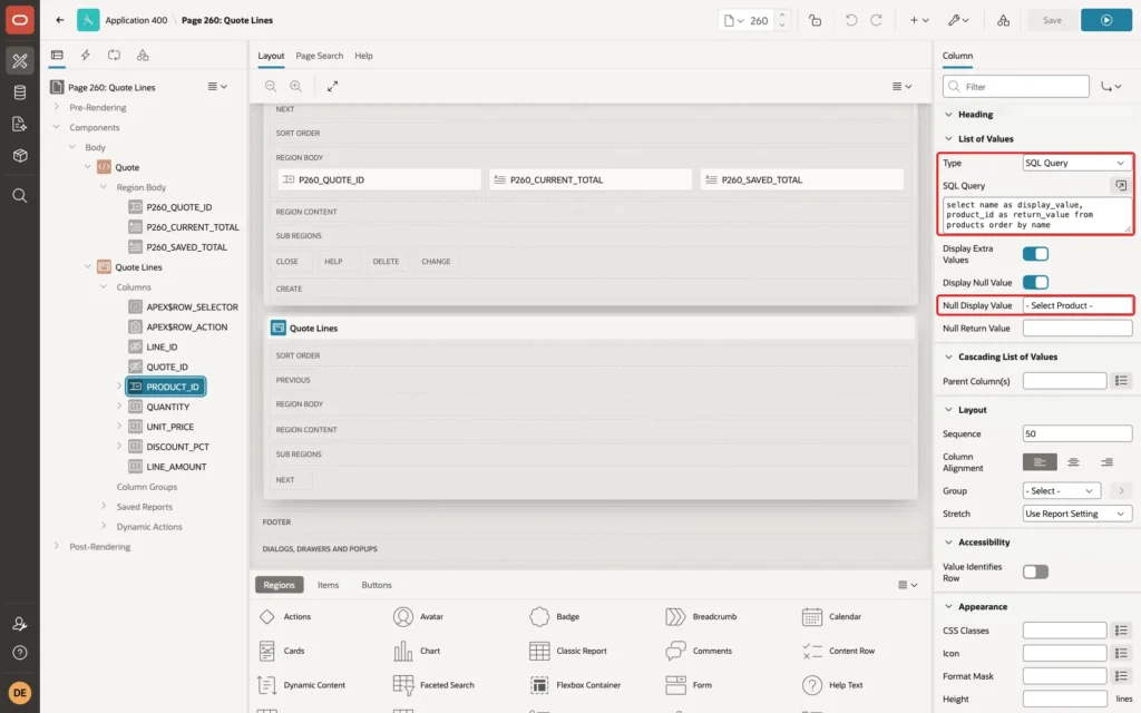Page Designer showing the List of Values of PRODUCT_ID with Type SQL Query, the query and Null Display Value - Select Product - marked with red boxes