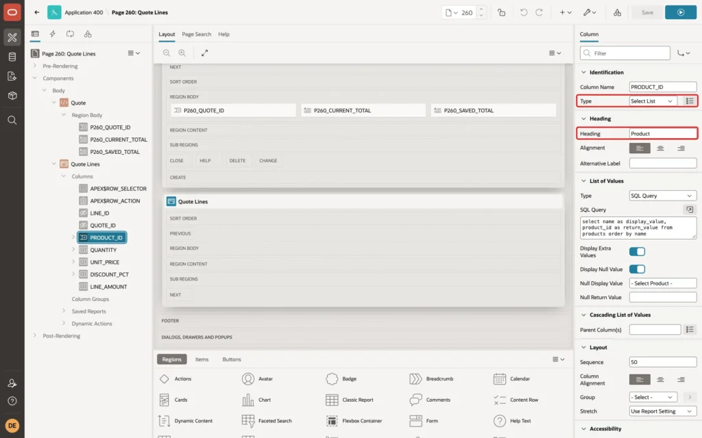Page Designer showing the PRODUCT_ID column with Type Select List and Heading Product marked with red boxes