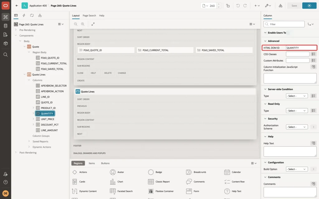 Page Designer showing the Advanced group of QUANTITY with HTML DOM ID QUANTITY marked with a red box