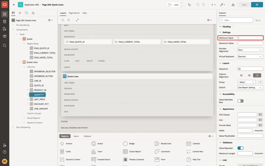 Page Designer showing the Settings group of QUANTITY with Minimum Value 1 marked with a red box