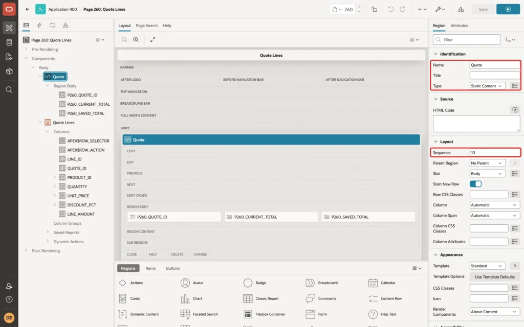 Page Designer showing the region Quote with Type Static Content and Sequence 10 marked with red boxes