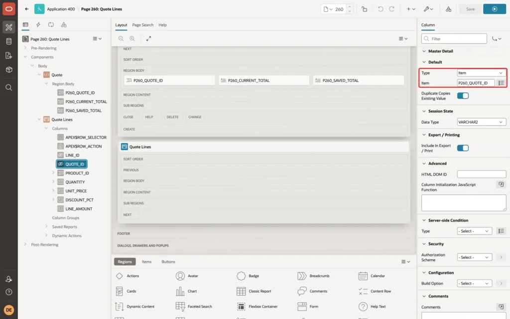Page Designer showing the Default group of QUOTE_ID with Type Item and Item P260_QUOTE_ID marked with a red box