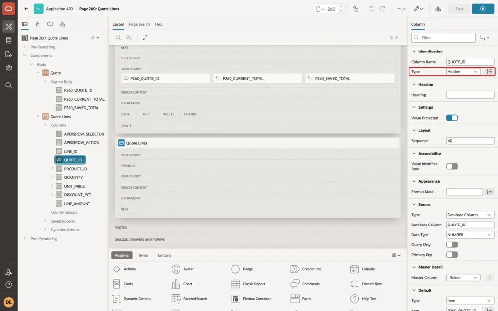 Page Designer showing the QUOTE_ID column with Type Hidden marked with a red box