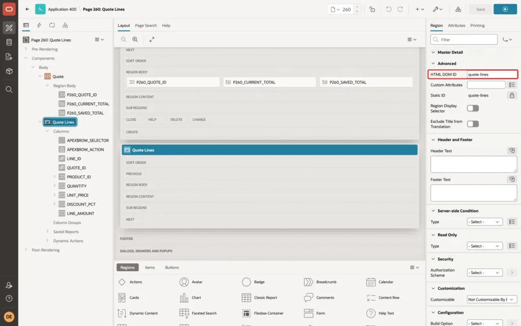 Page Designer showing the Advanced group of the Quote Lines region with HTML DOM ID quote-lines marked with a red box