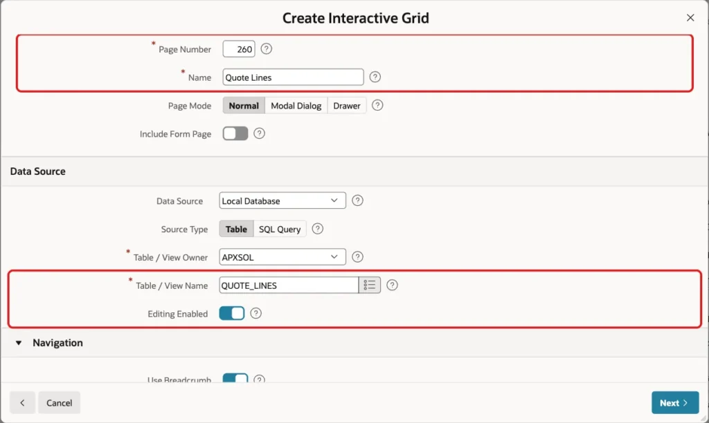 Create Interactive Grid wizard with Page Number 260, Name Quote Lines, Table / View Name QUOTE_LINES and Editing Enabled on, marked with red boxes