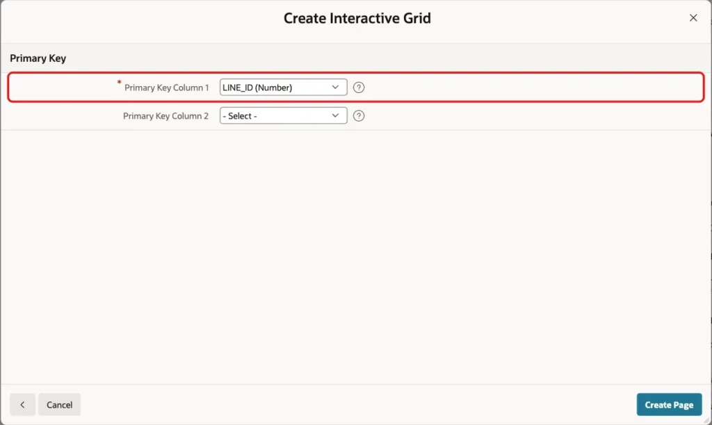 Create Interactive Grid wizard with Primary Key Column 1 LINE_ID (Number) marked with a red box