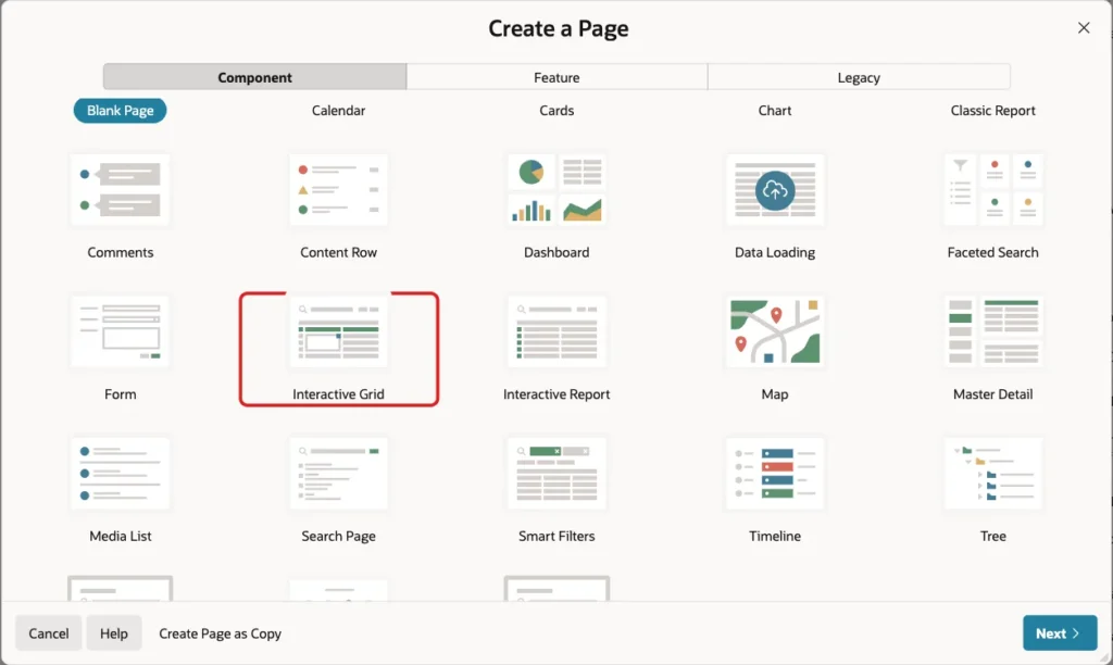 Create a Page wizard with the Interactive Grid tile marked with a red box
