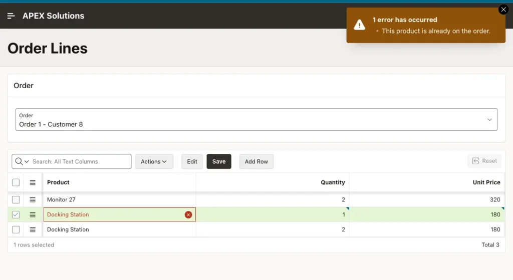 Oracle APEX Interactive Grid with a new Docking Station row and the error This product is already on the order