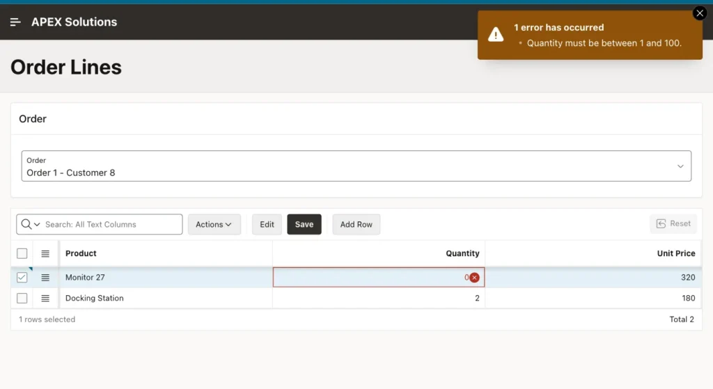 Oracle APEX Interactive Grid with the Quantity cell 0 marked in red and the error Quantity must be between 1 and 100