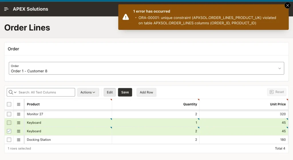 Oracle APEX Interactive Grid error ORA-00001 unique constraint ORDER_LINES_PRODUCT_UK violated after adding two Keyboard rows