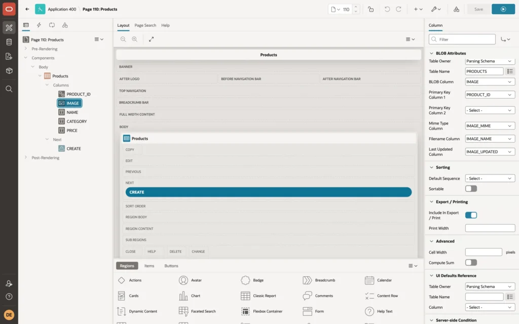 Page Designer showing the IMAGE report column of type Display Image with BLOB Attributes table PRODUCTS, BLOB column IMAGE and primary key PRODUCT_ID