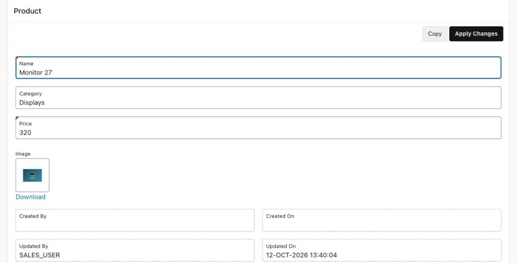Oracle APEX Product form for Monitor 27 with an image preview in the Image field