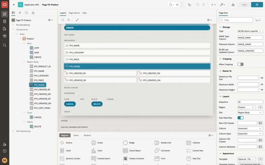 Page Designer showing P111_IMAGE of type Image Upload with Storage type BLOB column and the MIME type, filename and last updated columns