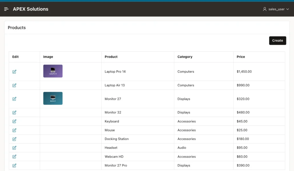 Oracle APEX Products report with image thumbnails for Laptop Pro 14 and Monitor 27