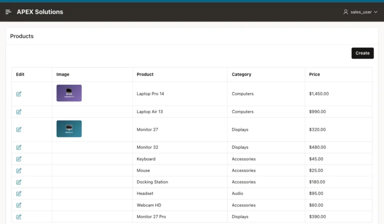 Oracle APEX Products report with image thumbnails for Laptop Pro 14 and Monitor 27