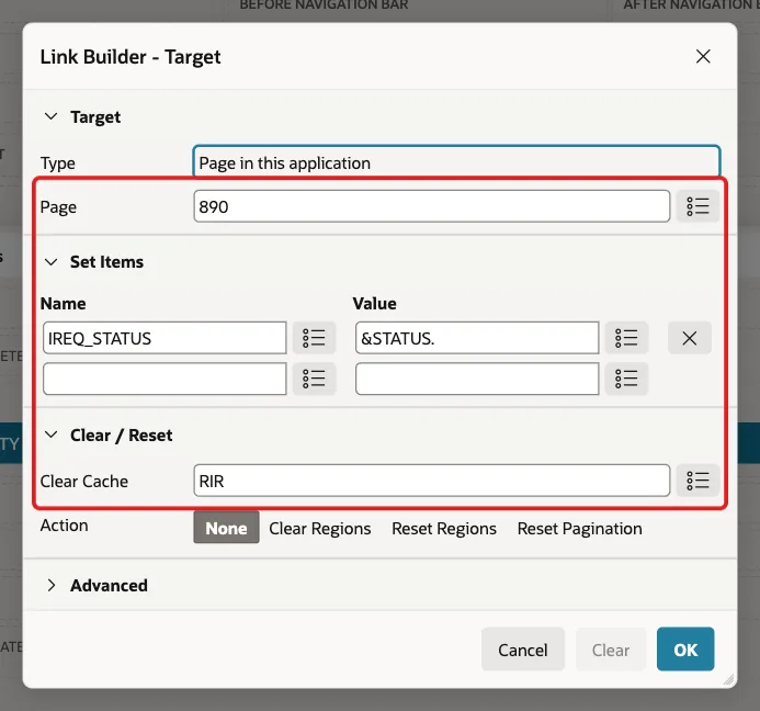 Link Builder with Page 890, item IREQ_STATUS set to &STATUS. and Clear Cache RIR marked with a red box