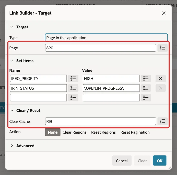 Link Builder with Page 890, IREQ_PRIORITY HIGH, IRIN_STATUS \OPEN,IN_PROGRESS\ and Clear Cache RIR marked with a red box