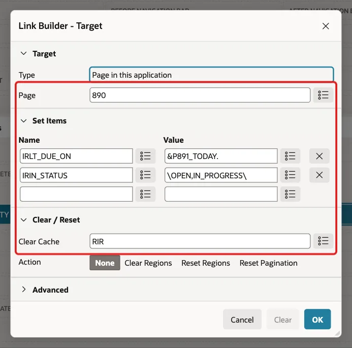 Link Builder with Page 890, IRLT_DUE_ON &P891_TODAY., IRIN_STATUS \OPEN,IN_PROGRESS\ and Clear Cache RIR marked with a red box